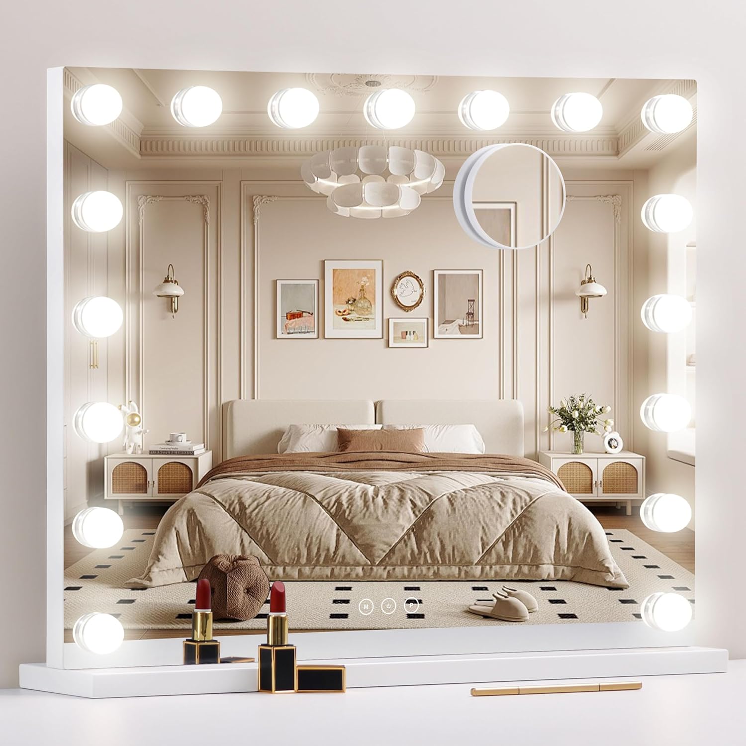 Vanity Mirror with Lights Lighted Makeup Mirror with 15 Dimmable LED Bulbs,3 Color Lighting Modes,USB Charging Port Touch Control,Sturdy Metal Frame Design 24x18 Inch,White
