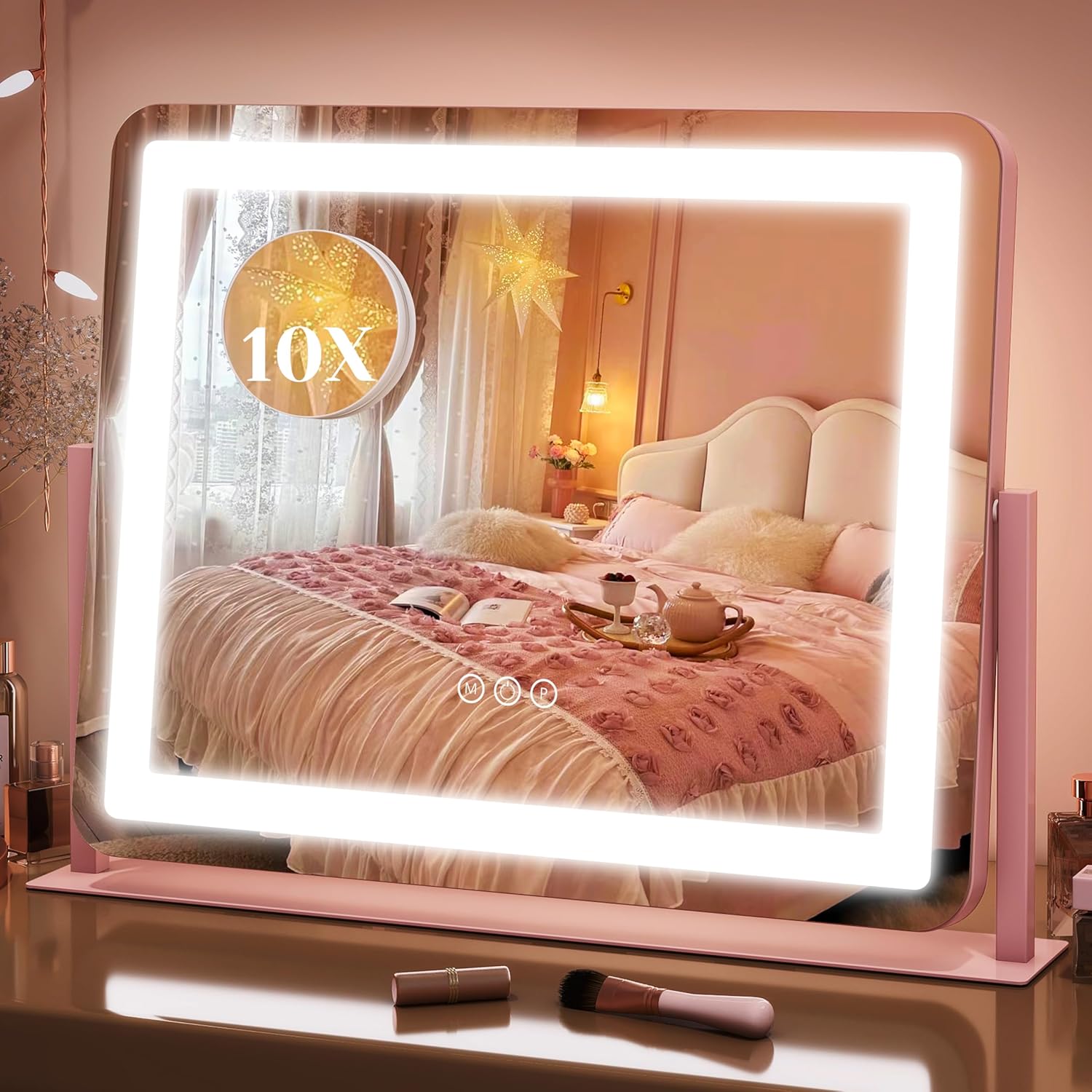 FENNIO 23" x 18" Vanity Mirror with Lights，LED Makeup Mirror，Hollywood Mirror with 3 Color Modes & Adjustable Brightness，Vanity Mirror Square White