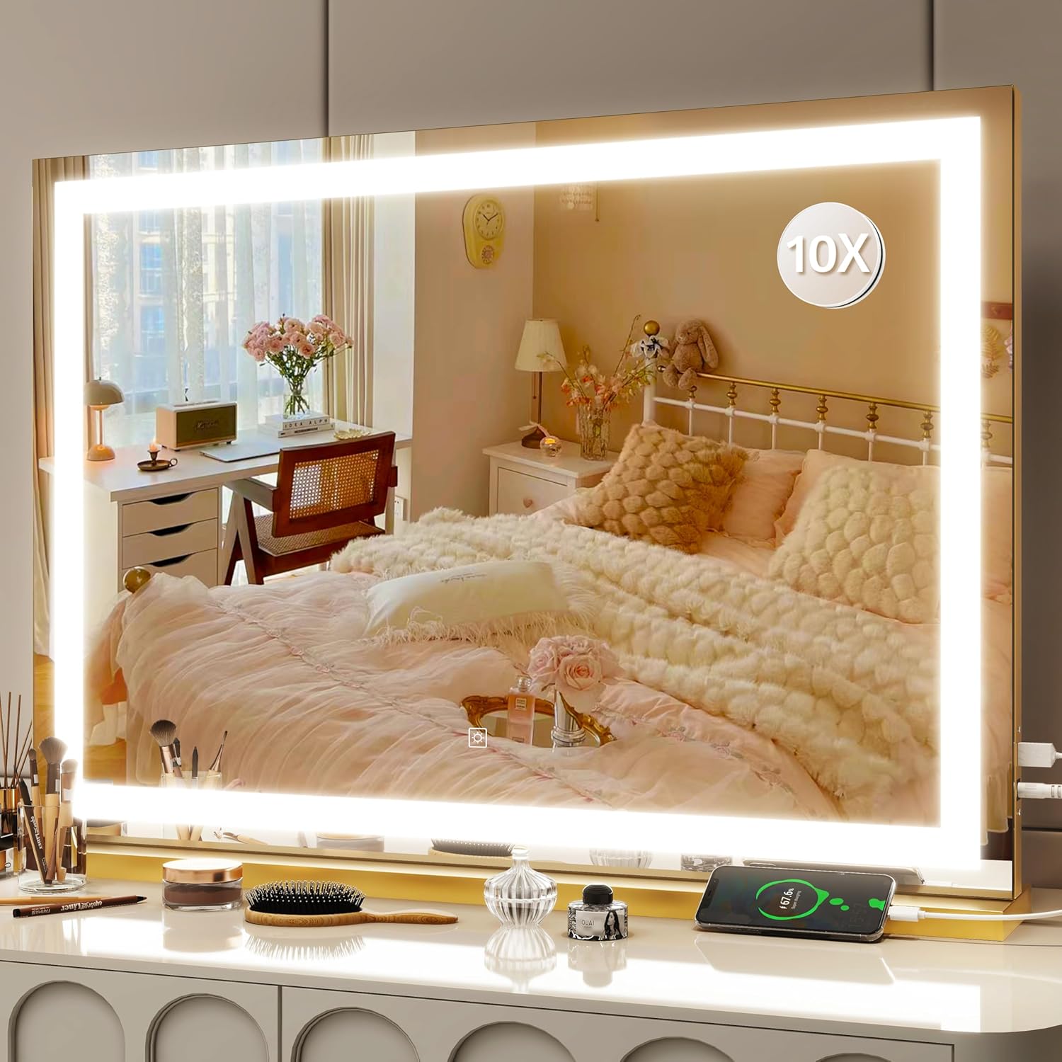 FENNIO 23" x 18" Vanity Mirror with Lights，LED Makeup Mirror，Hollywood Mirror with 3 Color Modes & Adjustable Brightness，Vanity Mirror Square White