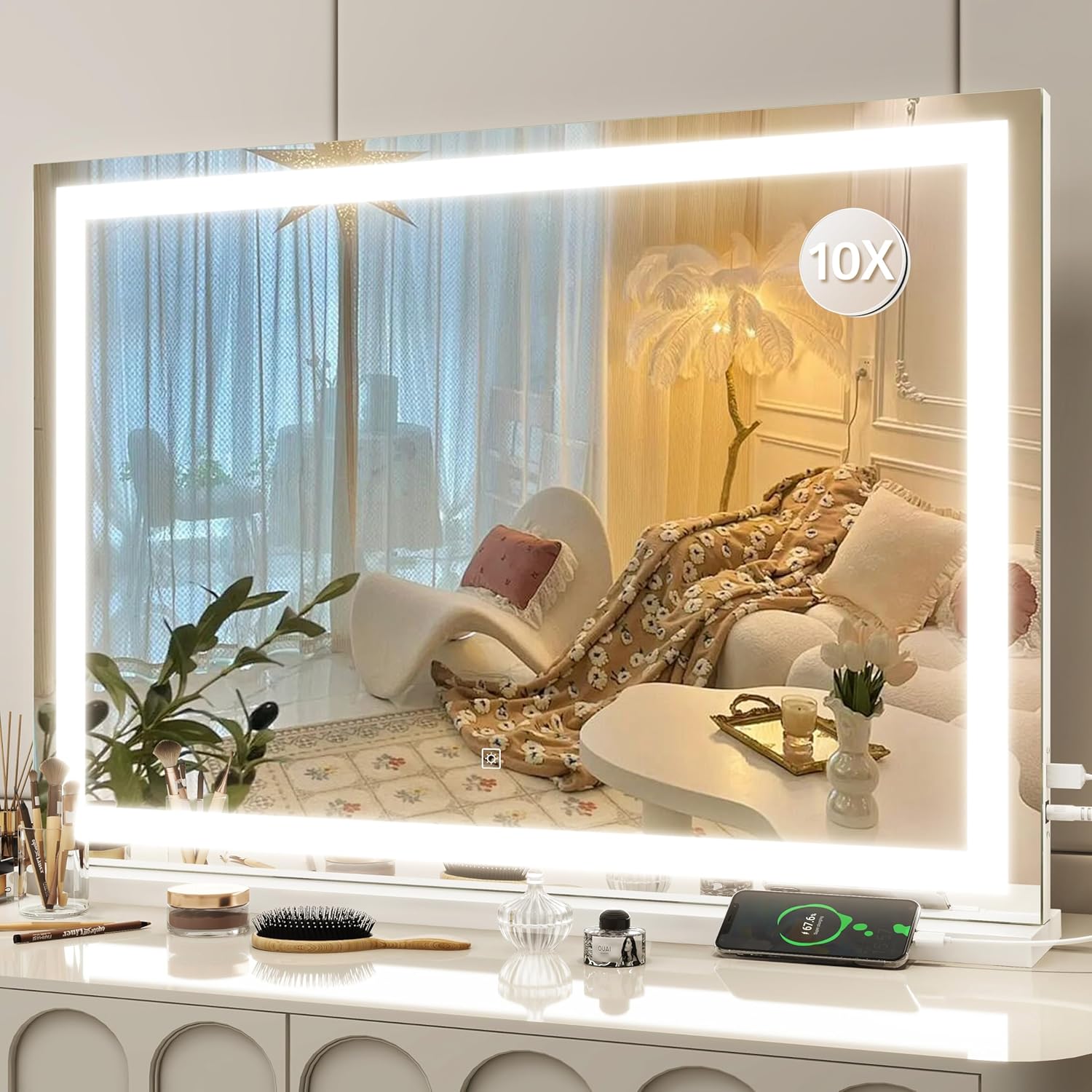 FENNIO 23" x 18" Vanity Mirror with Lights，LED Makeup Mirror，Hollywood Mirror with 3 Color Modes & Adjustable Brightness，Vanity Mirror Square White