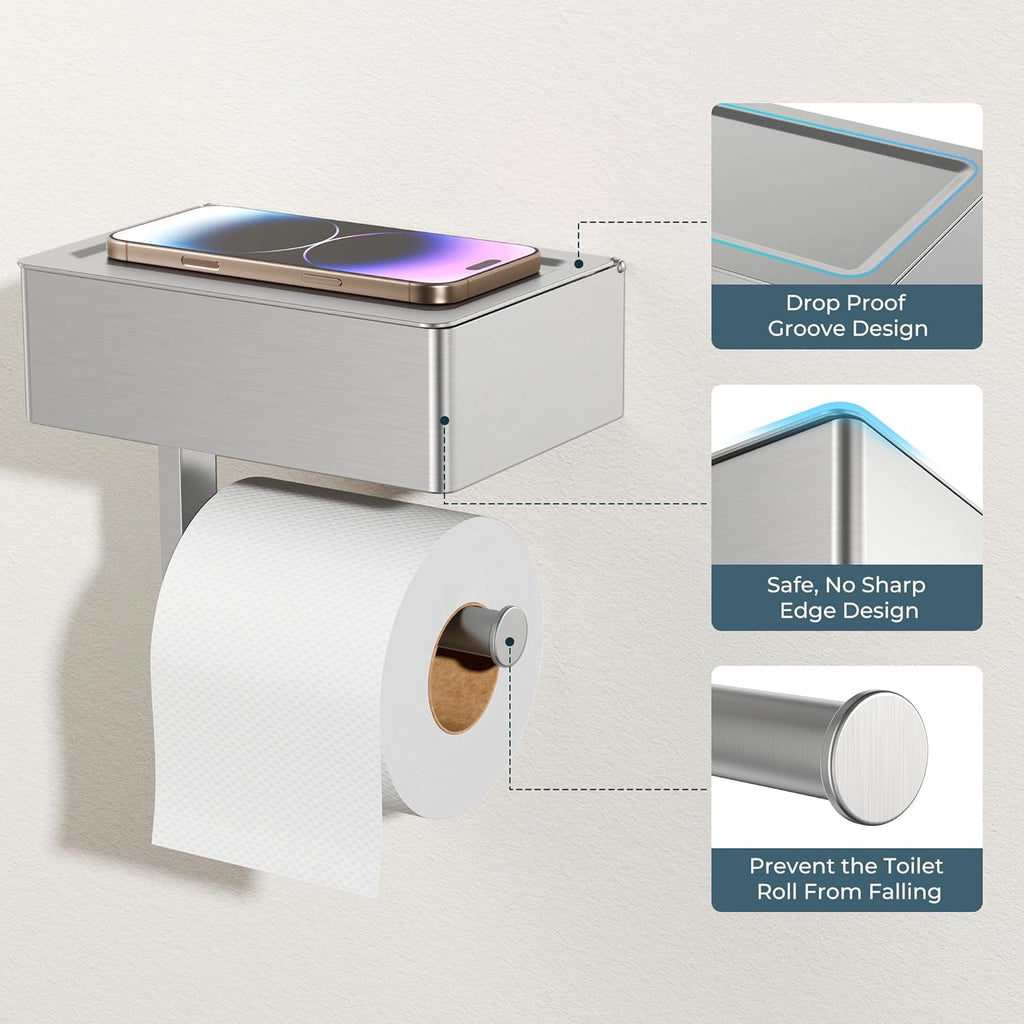 FORIOUS Toilet Paper Holder with Shelf, SUS304 Stainless Steel Wall Mount Toilet Paper Roll Holder, Flushable Wipes Dispenser Fits for Bathroom Wipe Storage, Bathroom Organizer (1, Brushed Nickel)
