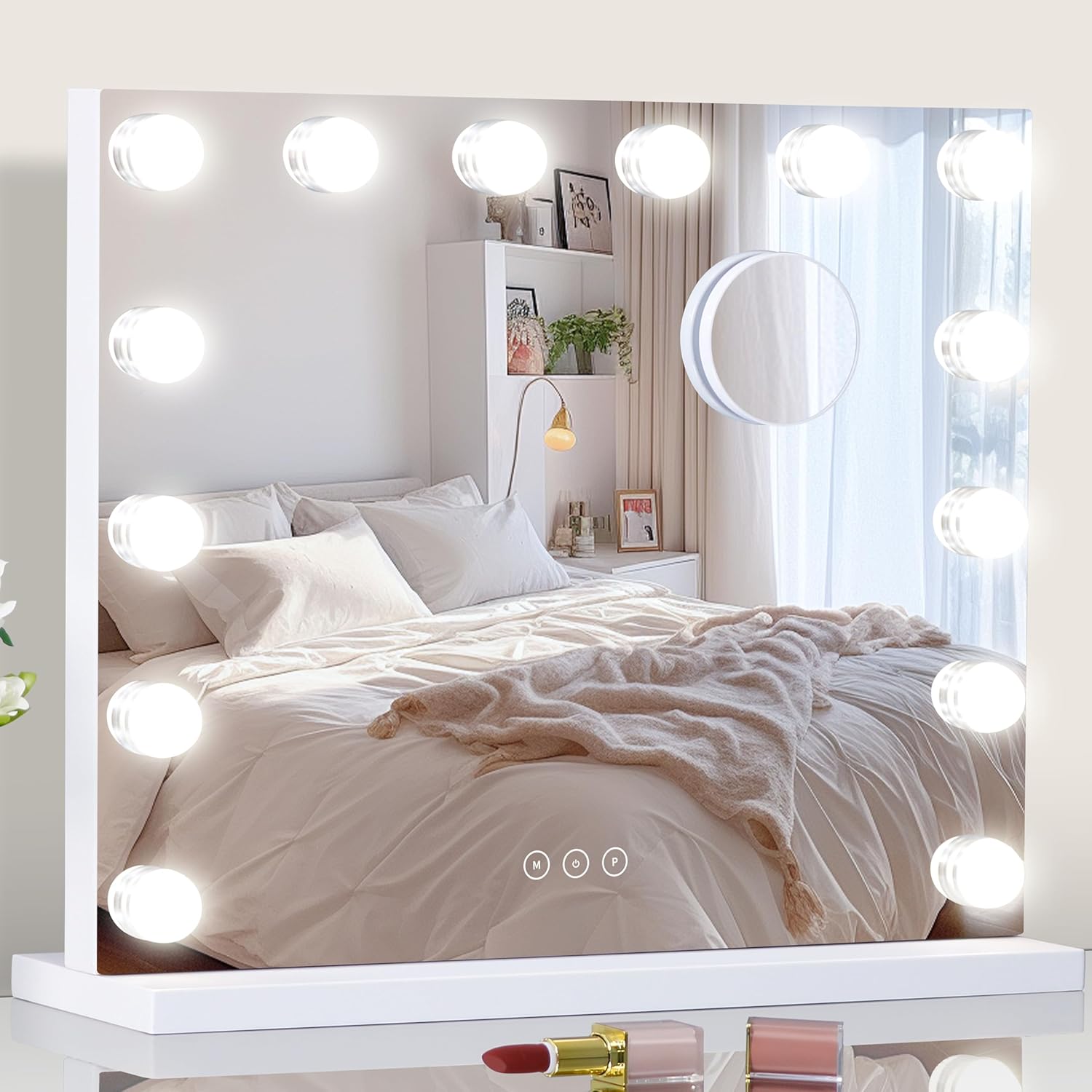 Vanity Mirror with Lights Lighted Makeup Mirror with 15 Dimmable LED Bulbs,3 Color Lighting Modes,USB Charging Port Touch Control,Sturdy Metal Frame Design 24x18 Inch,White