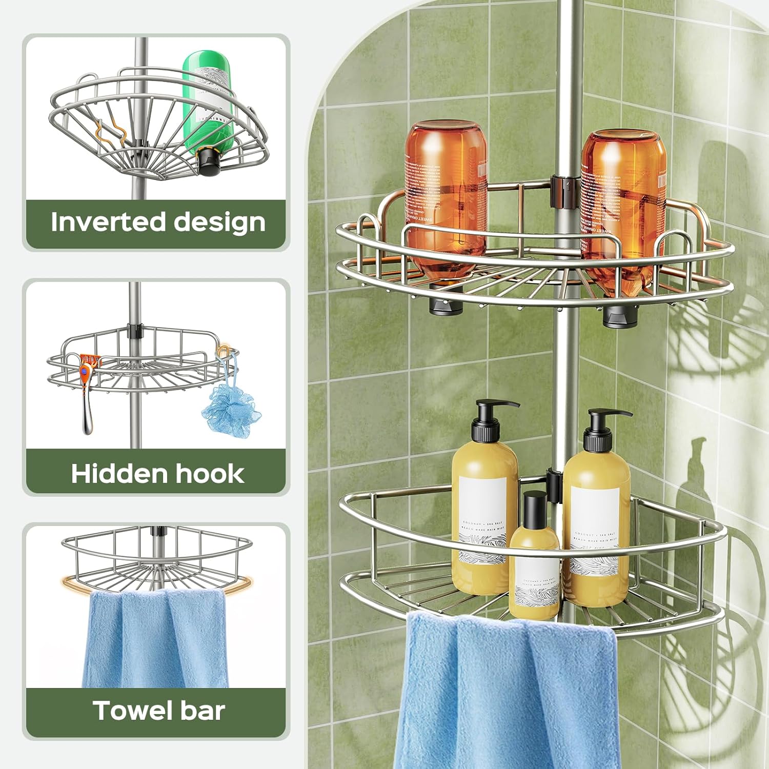 HAMITOR Corner Shower Caddy Tension Pole: 4-Tier Rust-Resistant Adjustable Bathroom Organizer Shelves - 47-121 Inch No-Drill Quick Installation - Space-Saving Storage for Renters Family - Silver Gray