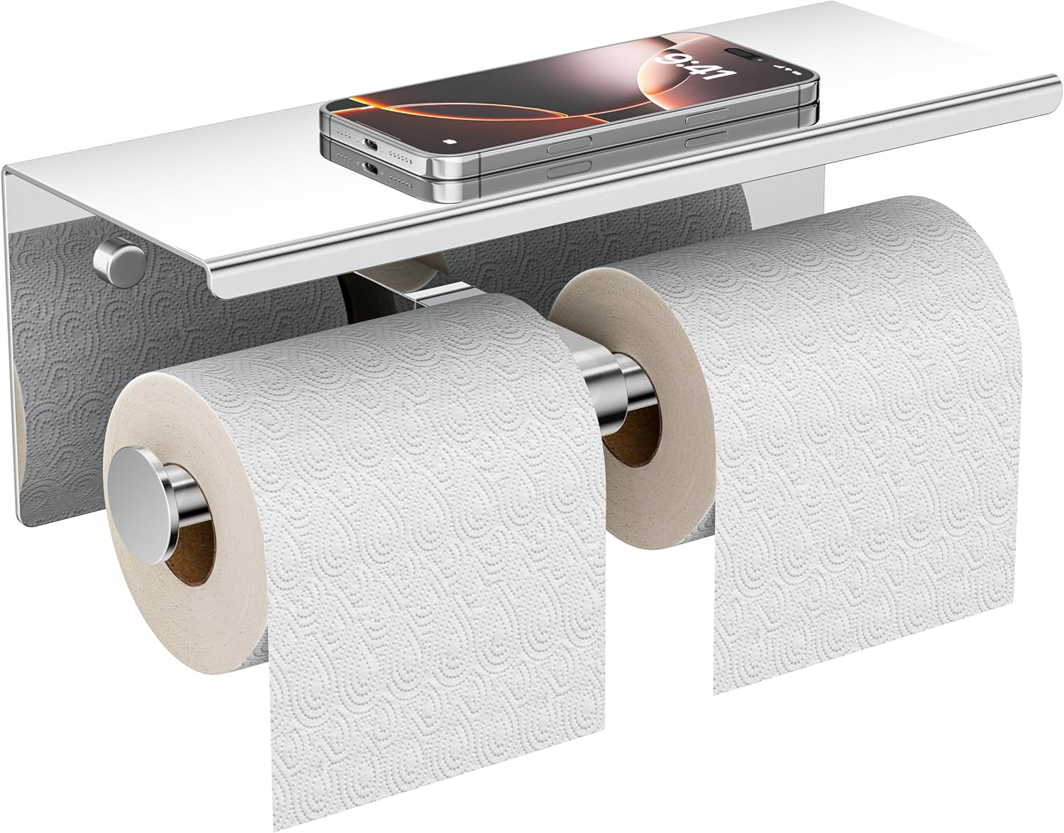 FORIOUS Double Toilet Paper Holder with Shelf, Wall Mount Tissue Roll Holder for Bathroom, 304 Stainless Steel Commercial Toilet Tissue Dispensers with Phone Shelf (1, Stainless Steel)