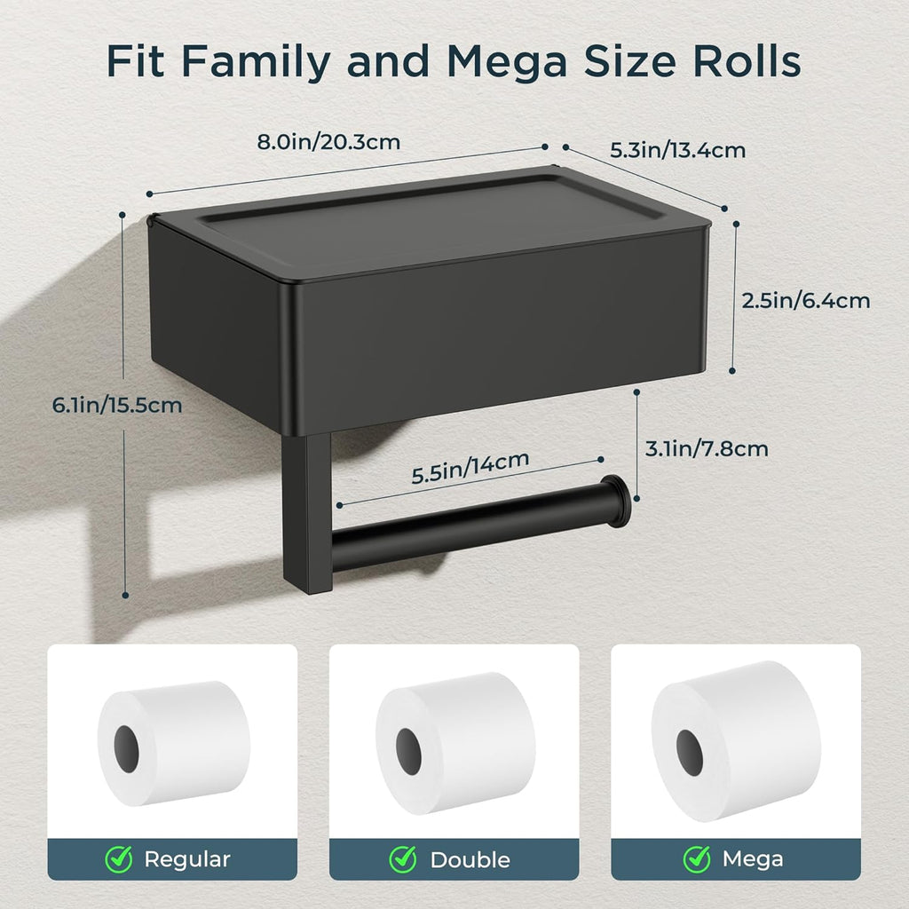 FORIOUS Toilet Paper Holder with Shelf, SUS304 Stainless Steel Wall Mount Toilet Paper Roll Holder, Flushable Wipes Dispenser Fits for Bathroom Wipe Storage, Bathroom Organizer (1, Matte Black)