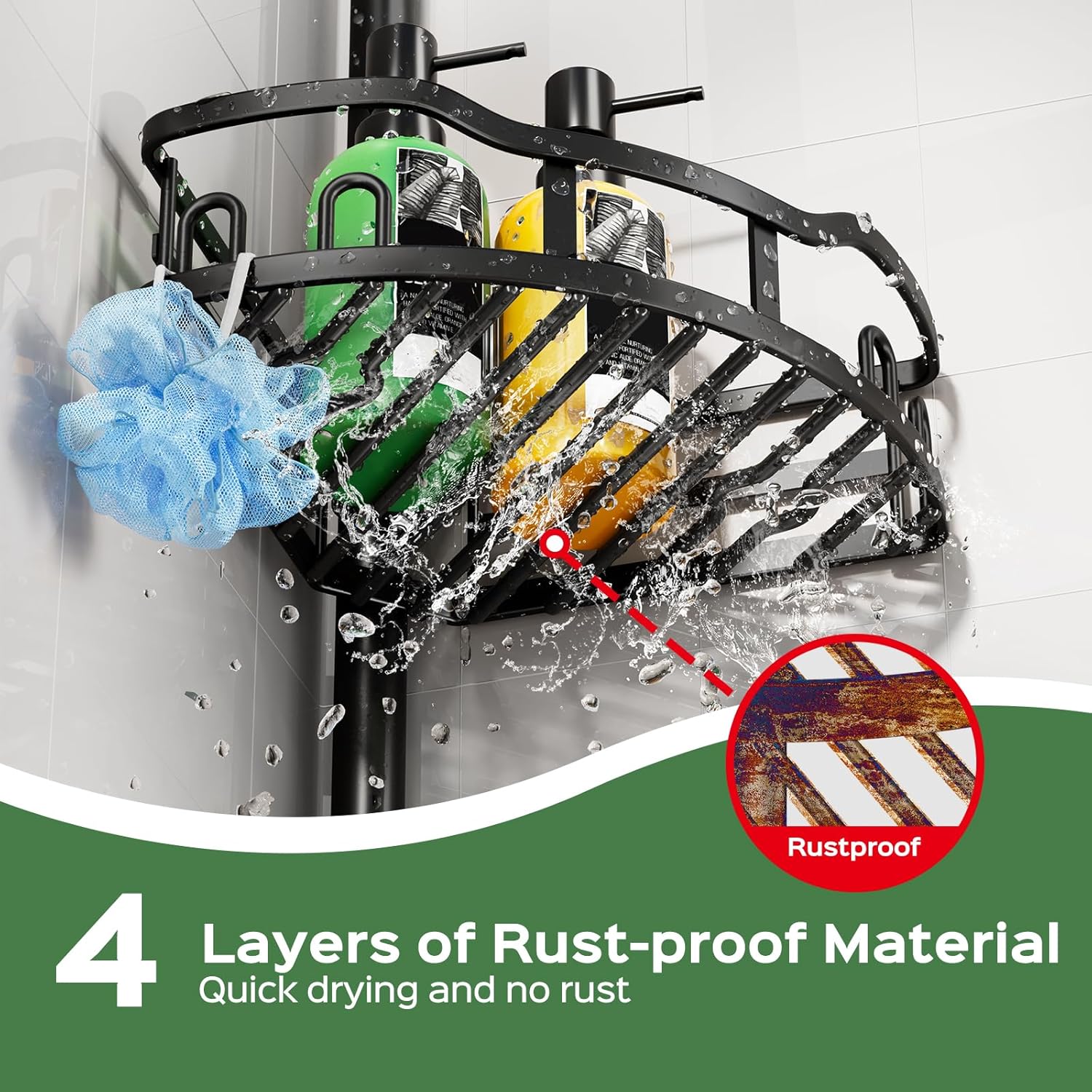 HAMITOR Shower Caddy Tension Pole: Rustproof Quick Install Corner Bathroom Organizer Shelf on Floor for Renters - 4-Tier Large Capacity Storage Rack with Soap Holder for Apartment -47-121 Inch/Black