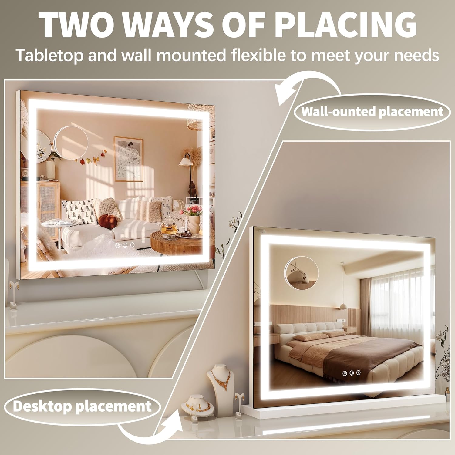 FENNIO 23" x 18" Vanity Mirror with Lights，LED Makeup Mirror，Hollywood Mirror with 3 Color Modes & Adjustable Brightness，Vanity Mirror Square White