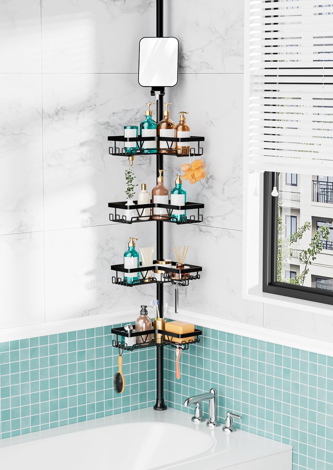KEGII Corner Shower Caddy Tension Pole - Shower Tension Rod Organizer, Floor to Ceiling Shower Caddy 25-114.2 inch, Towel Rack Corner Waterproof, Black