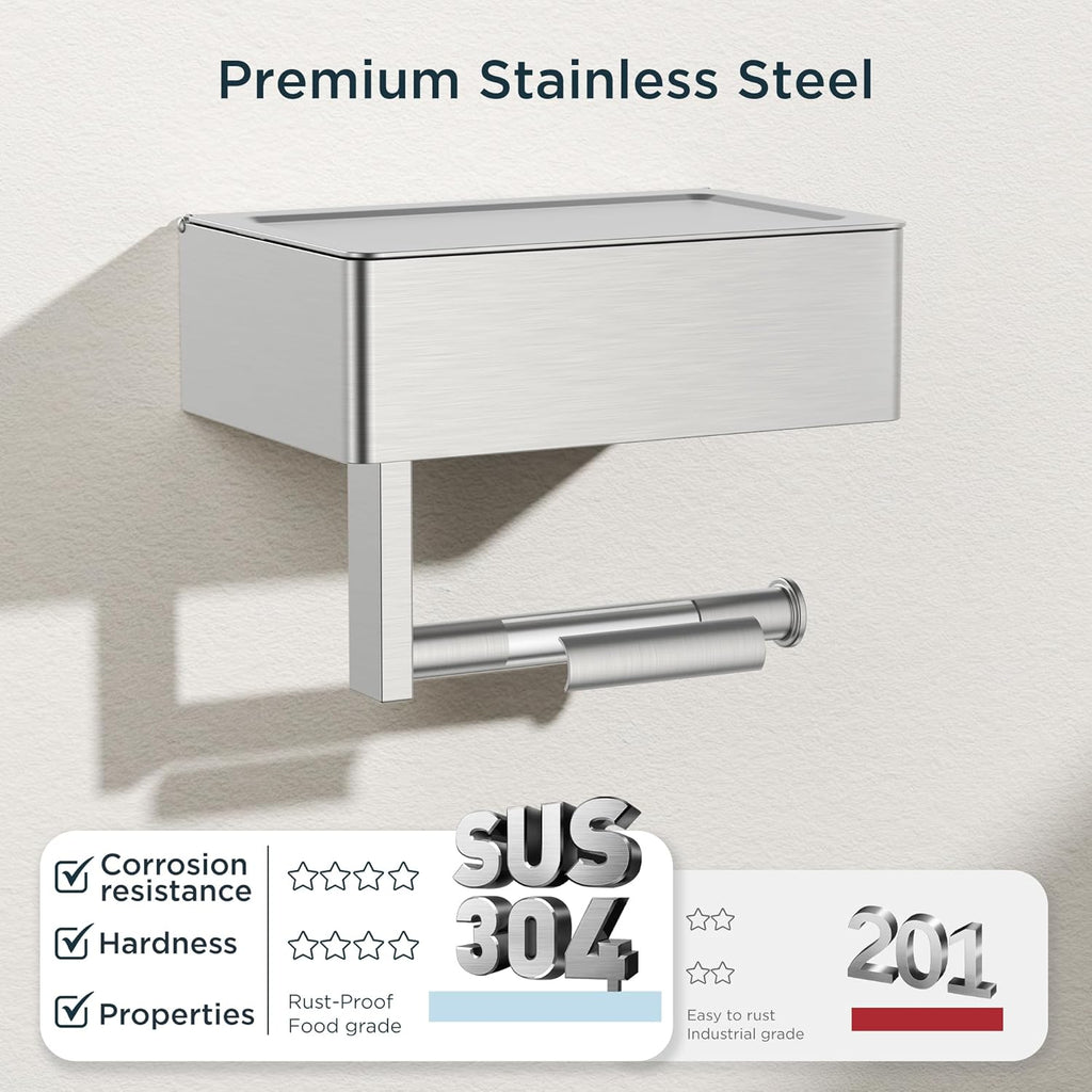 FORIOUS Toilet Paper Holder with Shelf, SUS304 Stainless Steel Wall Mount Toilet Paper Roll Holder, Flushable Wipes Dispenser Fits for Bathroom Wipe Storage, Bathroom Organizer (1, Brushed Nickel)