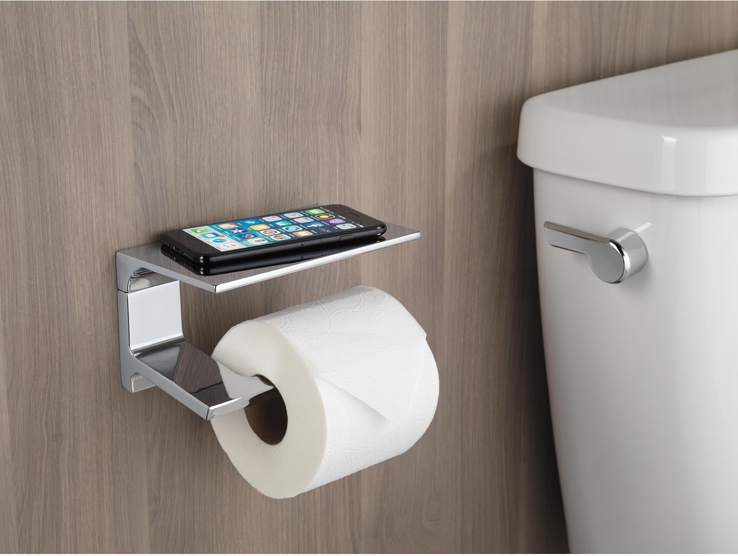 DELTA Pivotal Toilet Paper Holder With Shelf, Polished Chrome, Bathroom Accessories, 79956 6.93 x 3.94 x 3.5 Inches