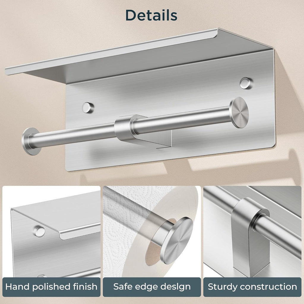 FORIOUS Double Toilet Paper Holder with Shelf, Wall Mount Tissue Roll Holder for Bathroom, 304 Stainless Steel Commercial Toilet Tissue Dispensers with Phone Shelf (1, Stainless Steel)