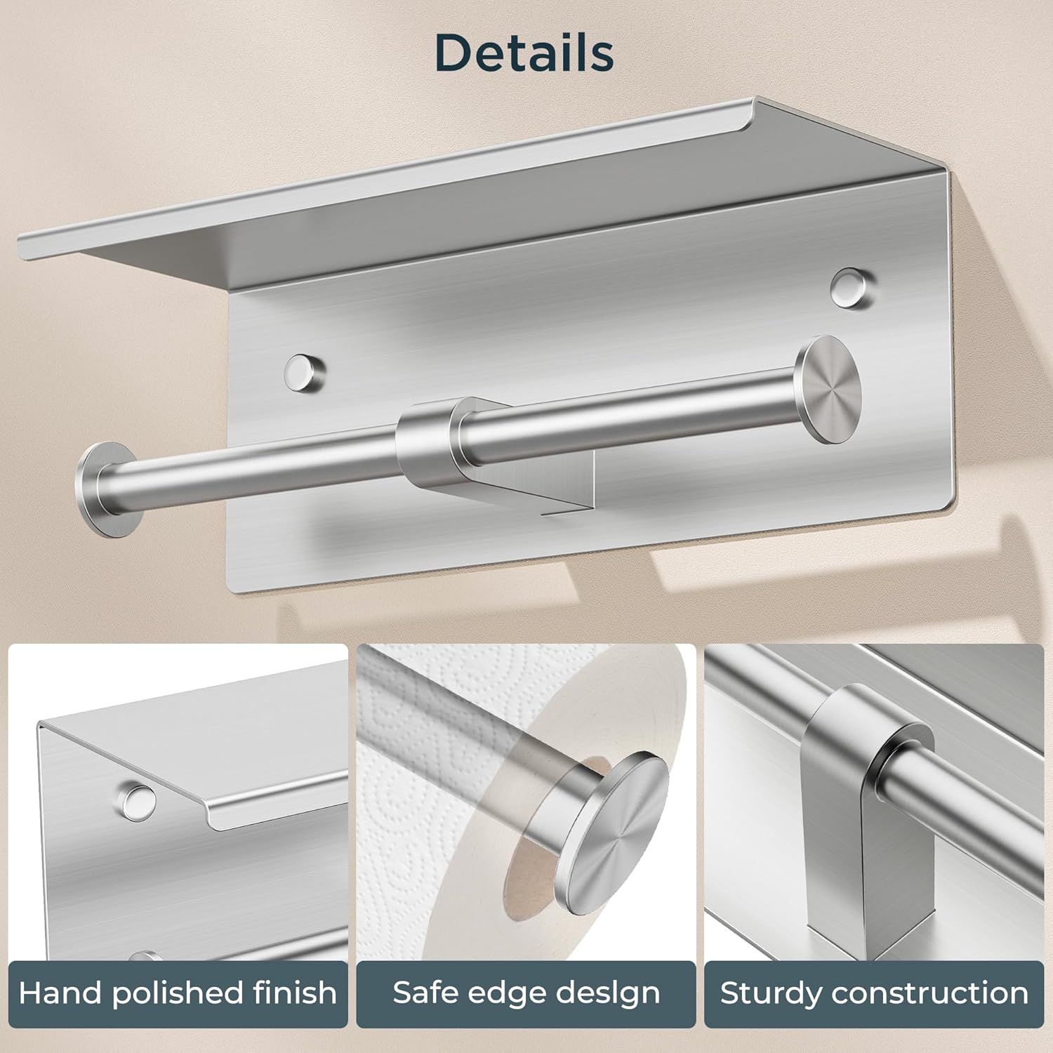 FORIOUS Double Toilet Paper Holder with Shelf, Wall Mount Tissue Roll Holder for Bathroom, 304 Stainless Steel Commercial Toilet Tissue Dispensers with Phone Shelf (1, Stainless Steel)