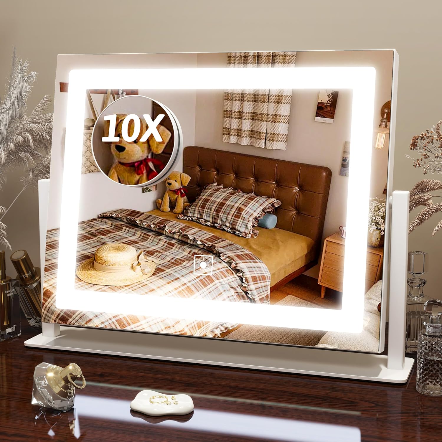 FENNIO 23" x 18" Vanity Mirror with Lights，LED Makeup Mirror，Hollywood Mirror with 3 Color Modes & Adjustable Brightness，Vanity Mirror Square White