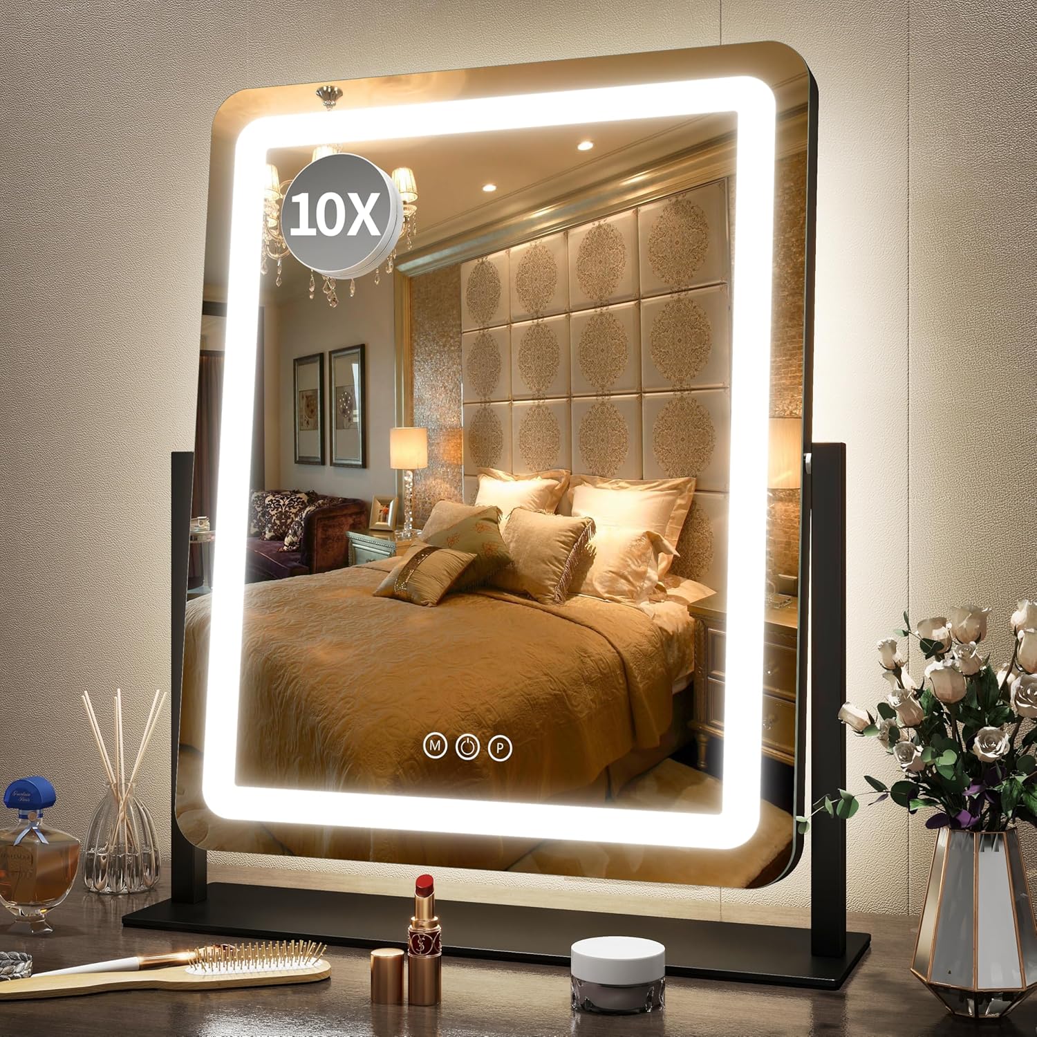 FENNIO 23" x 18" Vanity Mirror with Lights，LED Makeup Mirror，Hollywood Mirror with 3 Color Modes & Adjustable Brightness，Vanity Mirror Square White