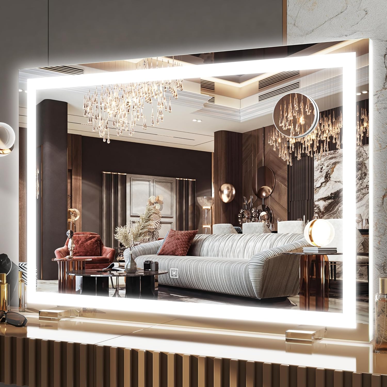 FENNIO 23" x 18" Vanity Mirror with Lights，LED Makeup Mirror，Hollywood Mirror with 3 Color Modes & Adjustable Brightness，Vanity Mirror Square White