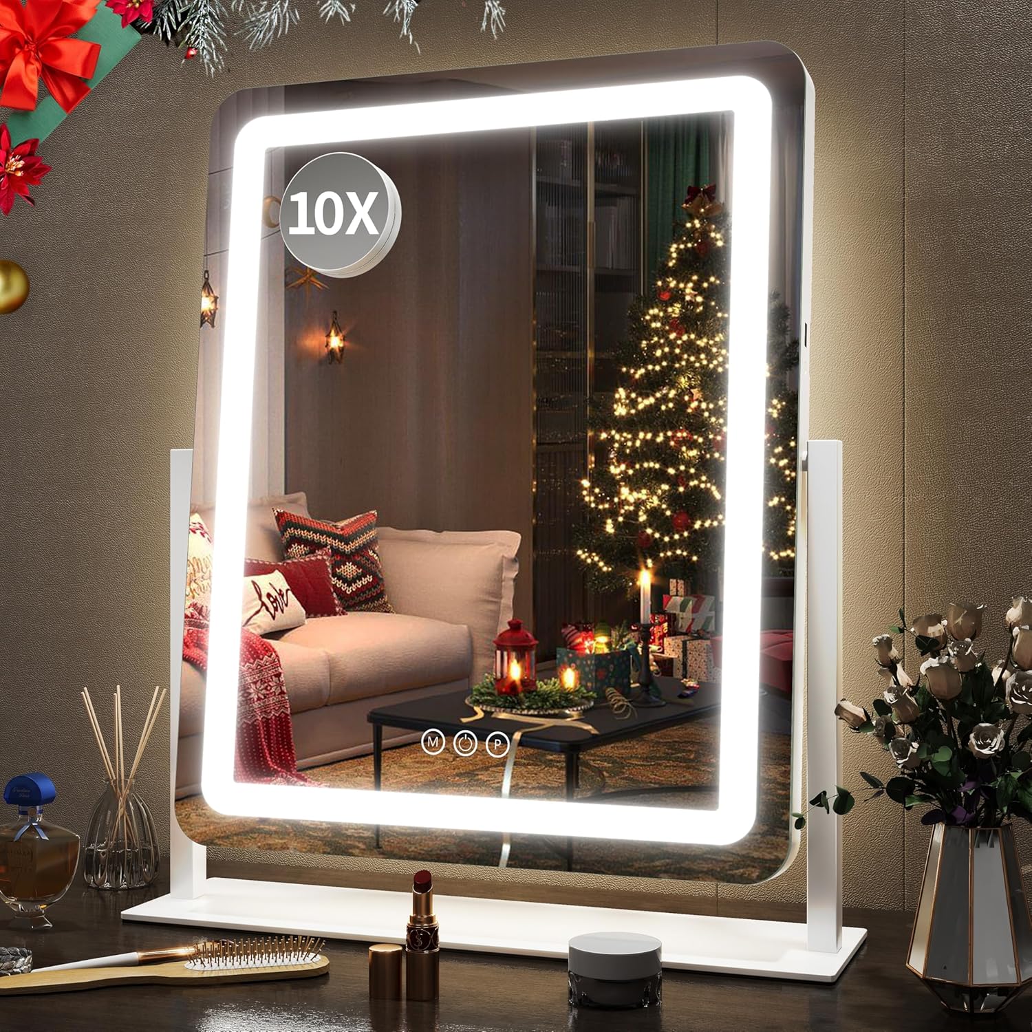 FENNIO 23" x 18" Vanity Mirror with Lights，LED Makeup Mirror，Hollywood Mirror with 3 Color Modes & Adjustable Brightness，Vanity Mirror Square White